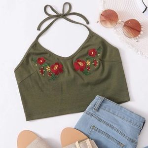 Womens Floral Embroidered Tie Back Halter Top Ribbed Olive Green Crop Top Size S